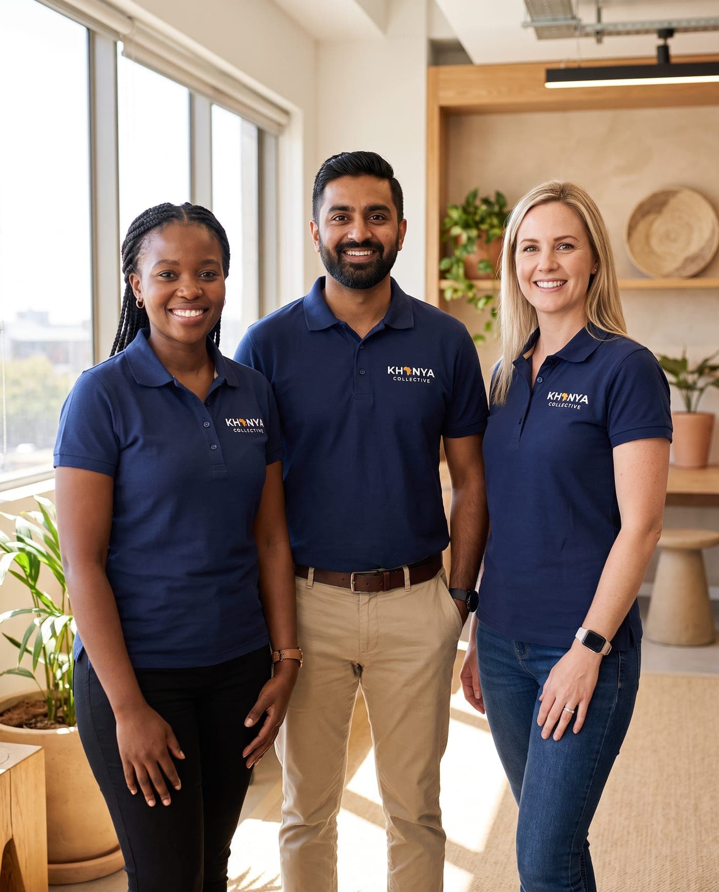 Three professionals in matching navy golf shirts with embroidered Khanya Collective logos
